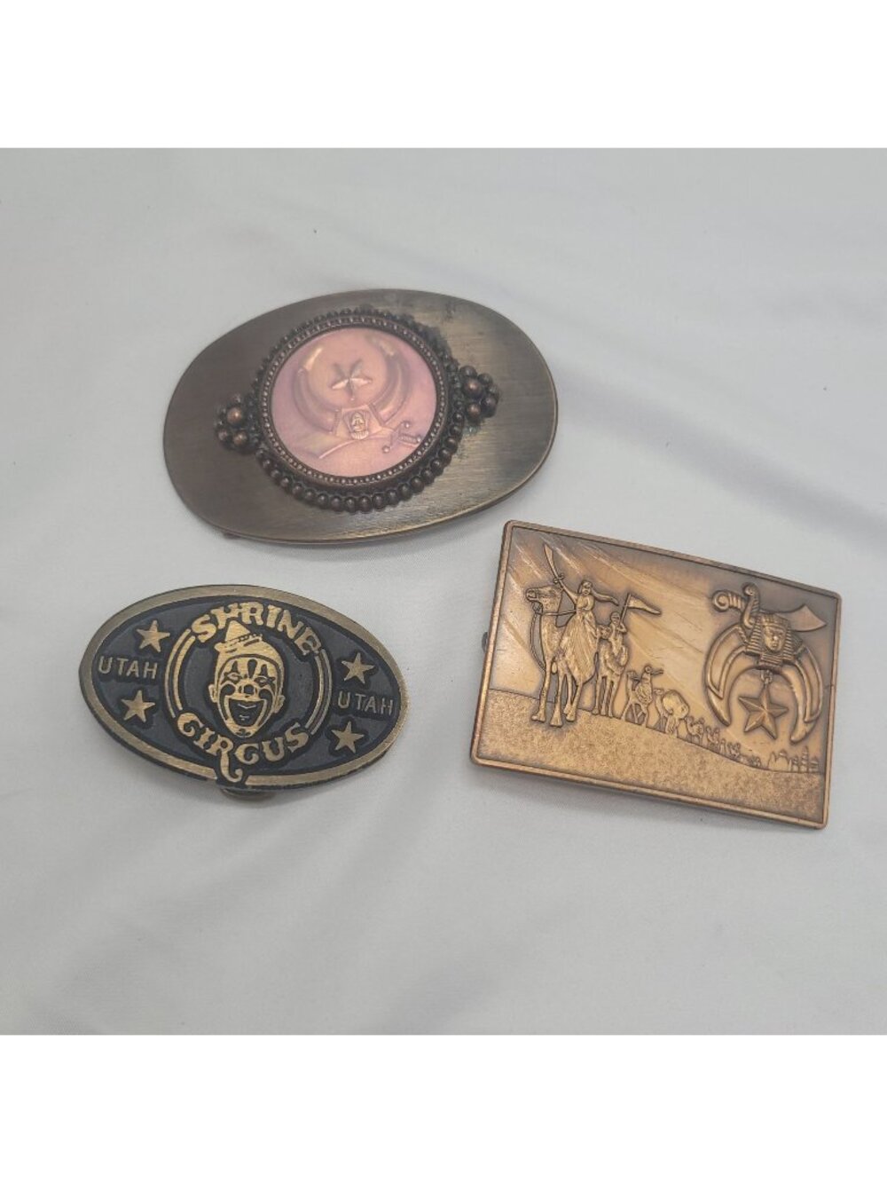 Vtg Set Of 3 Shriner Belt Buckles: Bronze Utah Shrine Circus Masonic Symbols Hol